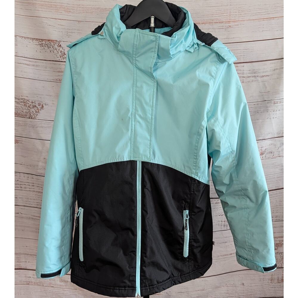 Magellan Outdoors Puffer Jacket Womens L Aqua Blue Black Colorblock Quilted Zip